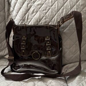 Sofia C Italian Genuine Glossy Leather Dark Brown Over Shoulder Vtg Shiny Bag